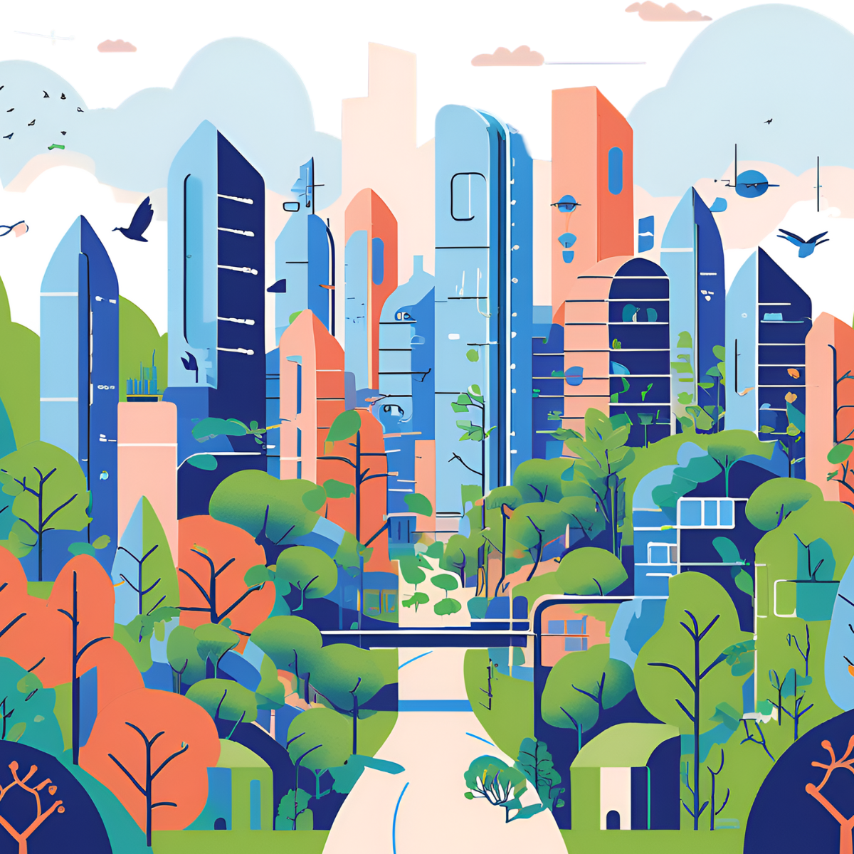 A series of buildings surrounded by various vegitation and nature